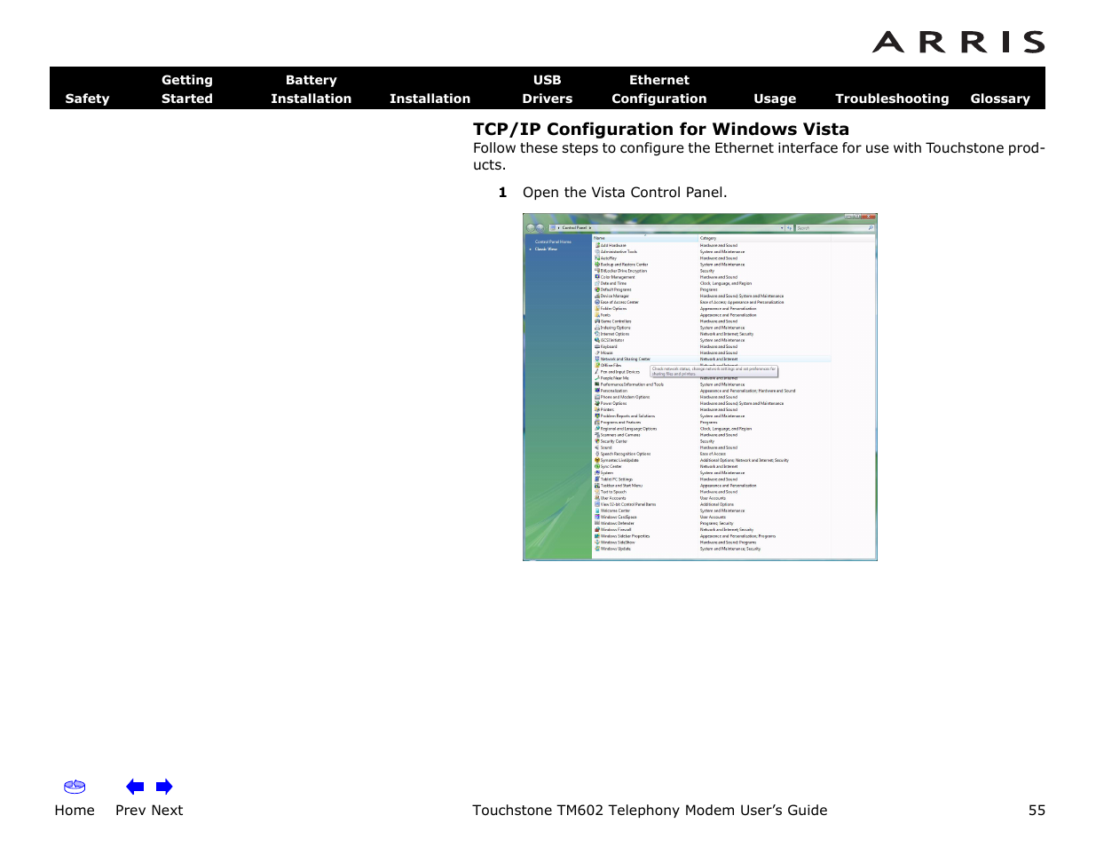 Tcp/ip configuration for windows vista, Home, Prev next | Touchstone tm602 telephony modem user’s guide | ARRIS TM602 User Guide User Manual | Page 55 / 74