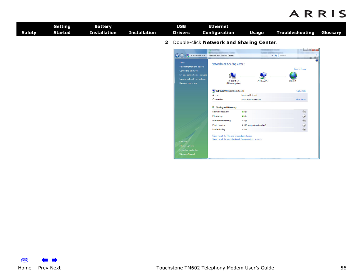 Home, Prev next, Touchstone tm602 telephony modem user’s guide | ARRIS TM602 User Guide User Manual | Page 56 / 74