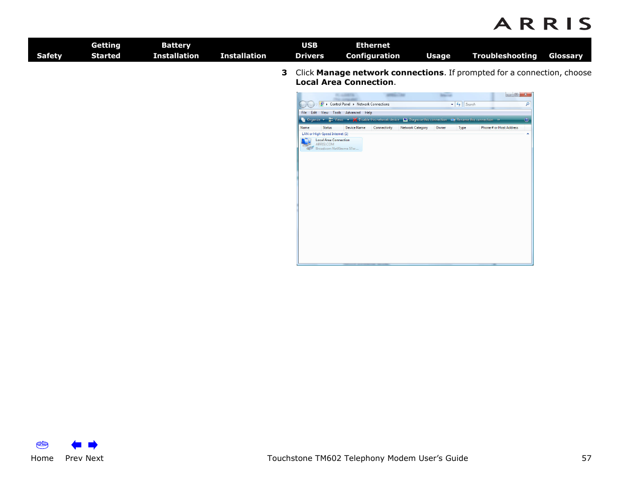 Home, Prev next, Touchstone tm602 telephony modem user’s guide | ARRIS TM602 User Guide User Manual | Page 57 / 74