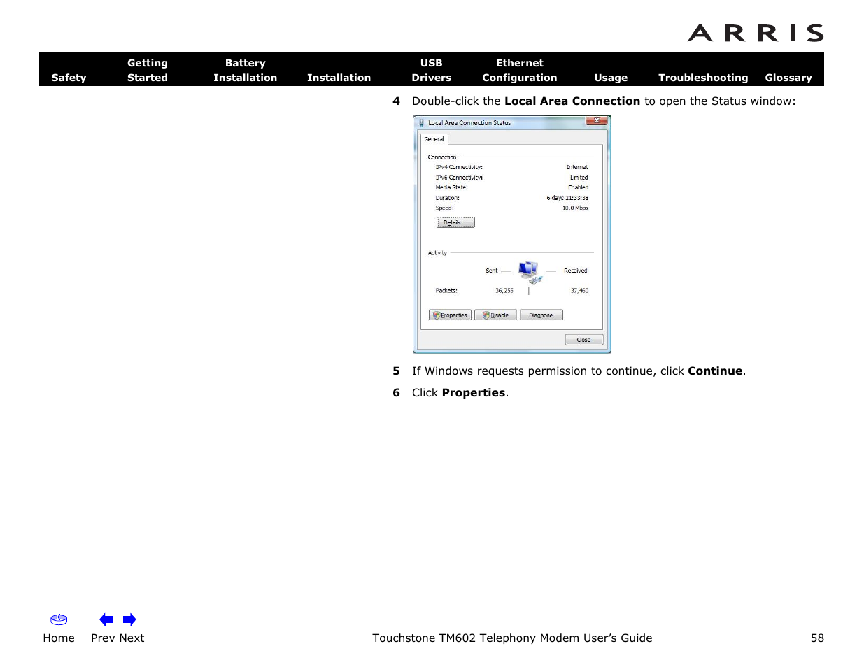 Home, Prev next, Touchstone tm602 telephony modem user’s guide | ARRIS TM602 User Guide User Manual | Page 58 / 74