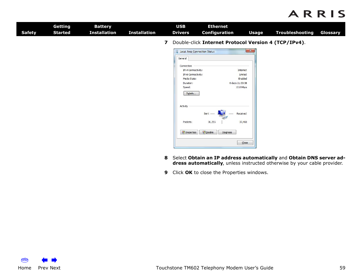 Home, Prev next, Touchstone tm602 telephony modem user’s guide | ARRIS TM602 User Guide User Manual | Page 59 / 74