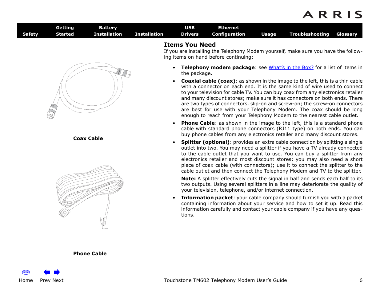 Items you need, Home, Prev next | Touchstone tm602 telephony modem user’s guide | ARRIS TM602 User Guide User Manual | Page 6 / 74