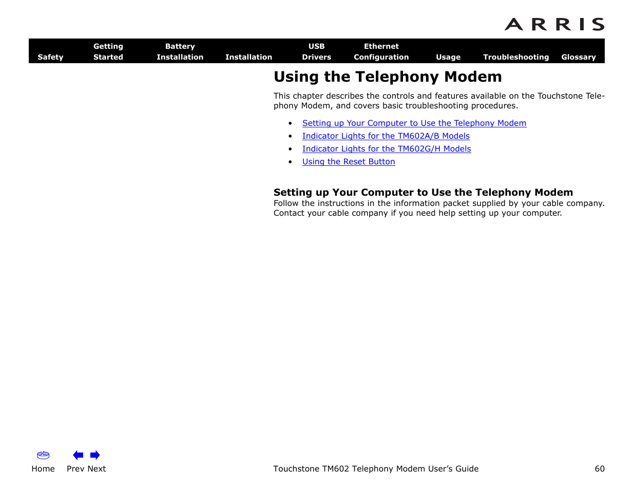 Using the telephony modem, Sage, Home | Prev next, Touchstone tm602 telephony modem user’s guide | ARRIS TM602 User Guide User Manual | Page 60 / 74