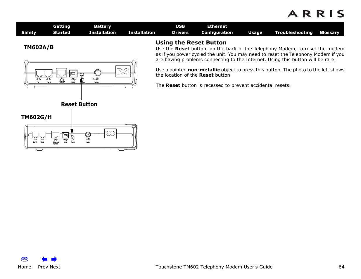 Using the reset button, Home, Prev next | Touchstone tm602 telephony modem user’s guide | ARRIS TM602 User Guide User Manual | Page 64 / 74