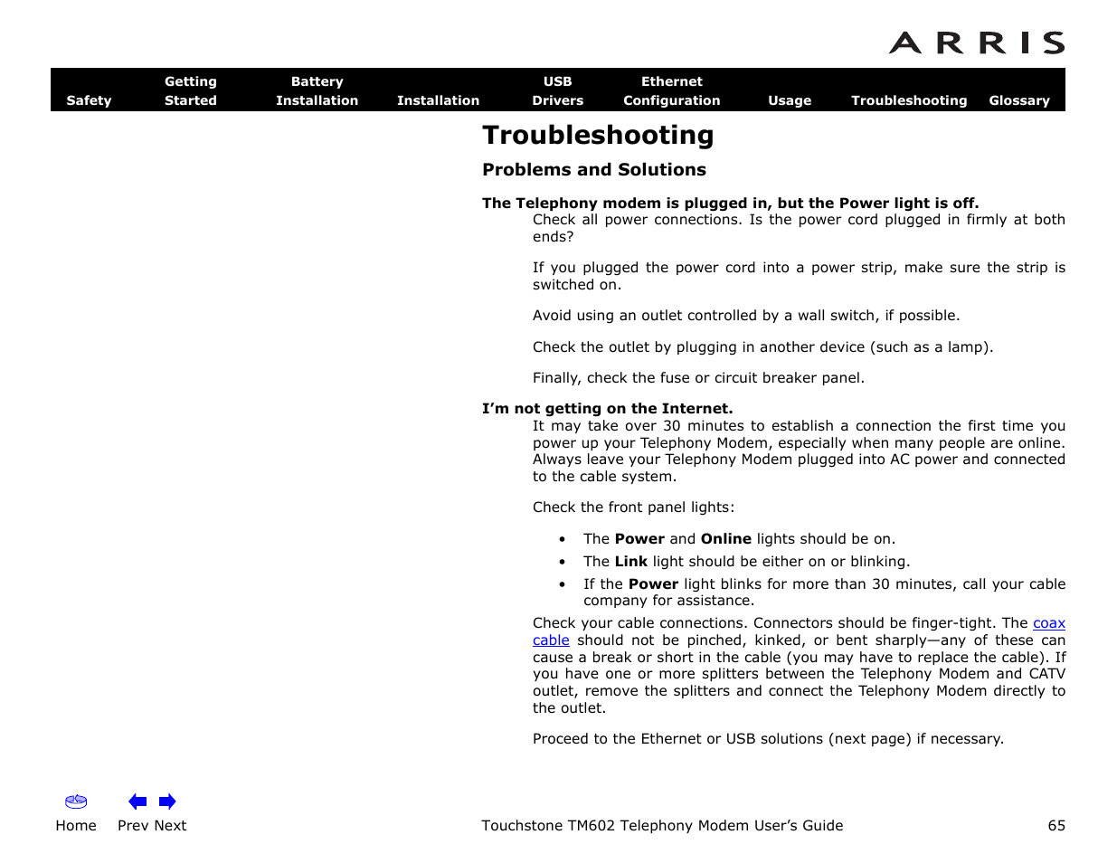 Troubleshooting, Problems and solutions, Roubleshooting | 44). see, Home, Prev next, Touchstone tm602 telephony modem user’s guide | ARRIS TM602 User Guide User Manual | Page 65 / 74