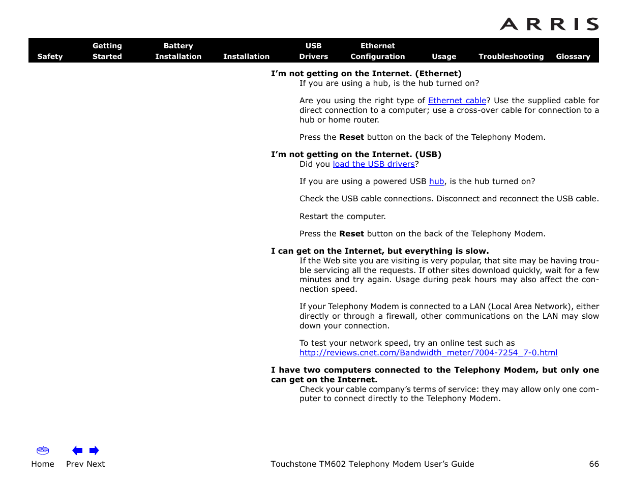 Home, Prev next, Touchstone tm602 telephony modem user’s guide | ARRIS TM602 User Guide User Manual | Page 66 / 74