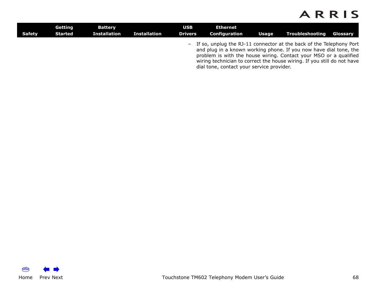 Home, Prev next, Touchstone tm602 telephony modem user’s guide | ARRIS TM602 User Guide User Manual | Page 68 / 74