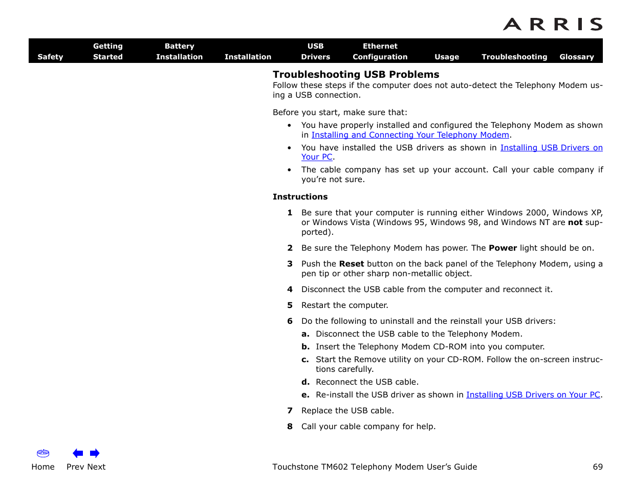 Troubleshooting usb problems, Home, Prev next | Touchstone tm602 telephony modem user’s guide | ARRIS TM602 User Guide User Manual | Page 69 / 74