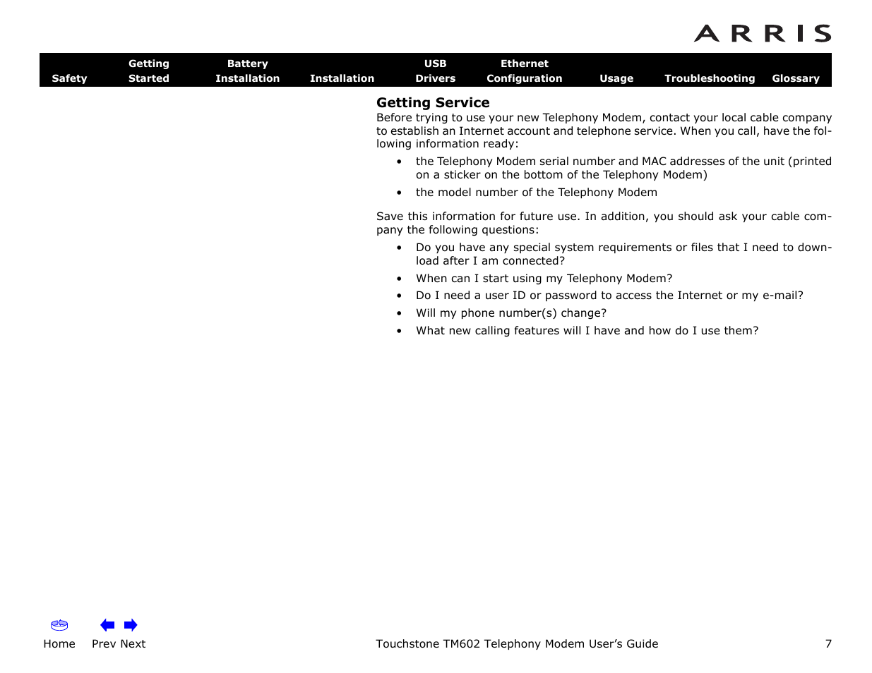 Getting service, Home, Prev next | Touchstone tm602 telephony modem user’s guide | ARRIS TM602 User Guide User Manual | Page 7 / 74