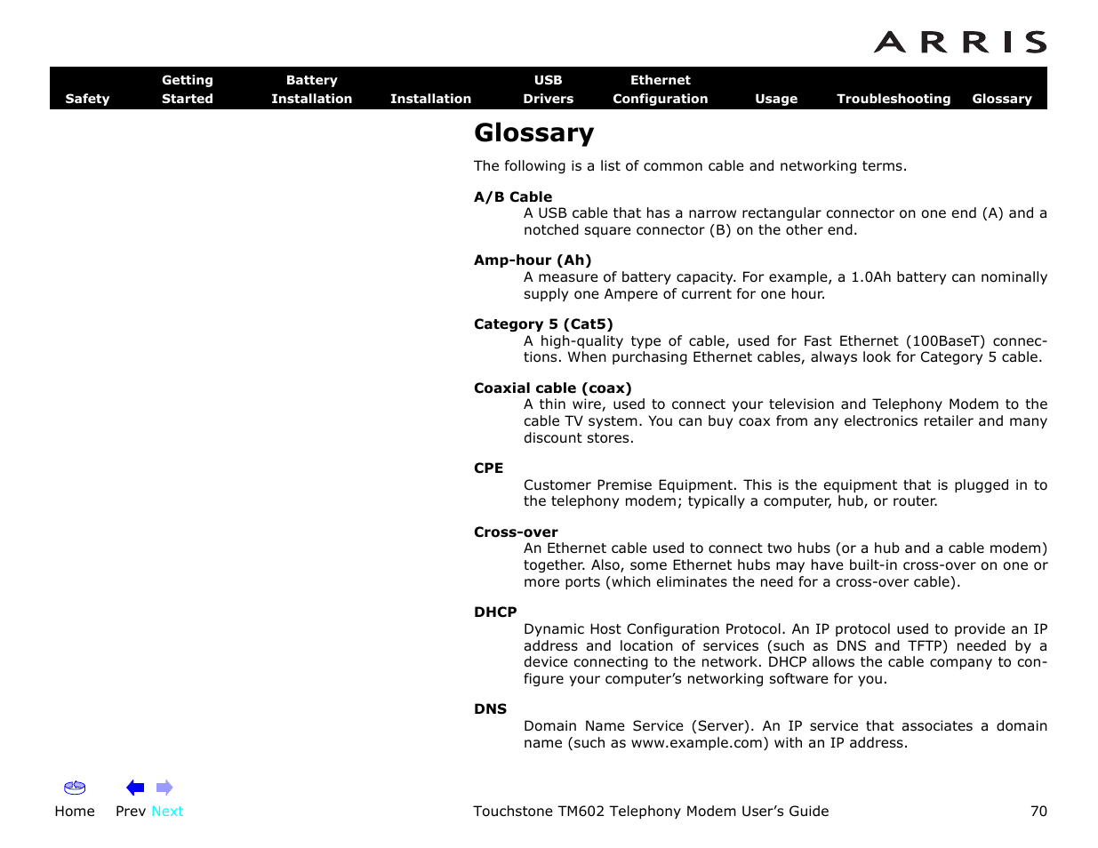 Glossary, A/b cable, Home | Prev next, Touchstone tm602 telephony modem user’s guide | ARRIS TM602 User Guide User Manual | Page 70 / 74