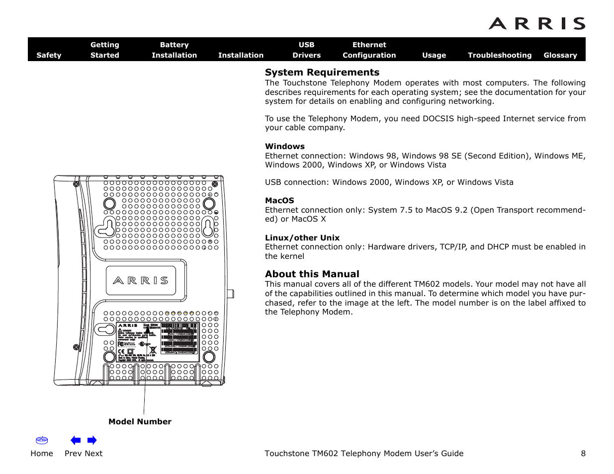 System requirements, About this manual, Home | Prev next, Touchstone tm602 telephony modem user’s guide | ARRIS TM602 User Guide User Manual | Page 8 / 74