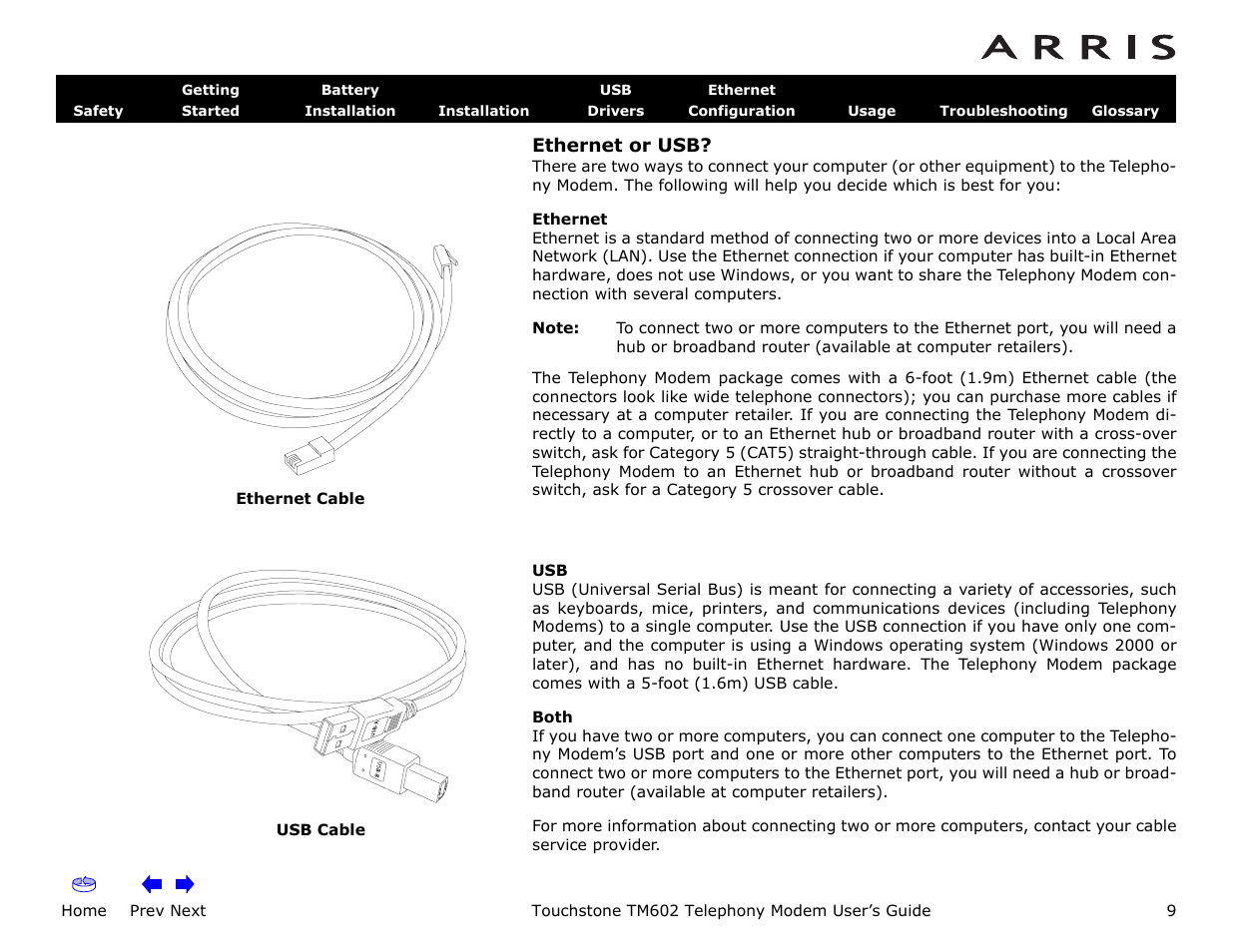 Ethernet or usb, Home, Prev next | Touchstone tm602 telephony modem user’s guide | ARRIS TM602 User Guide User Manual | Page 9 / 74