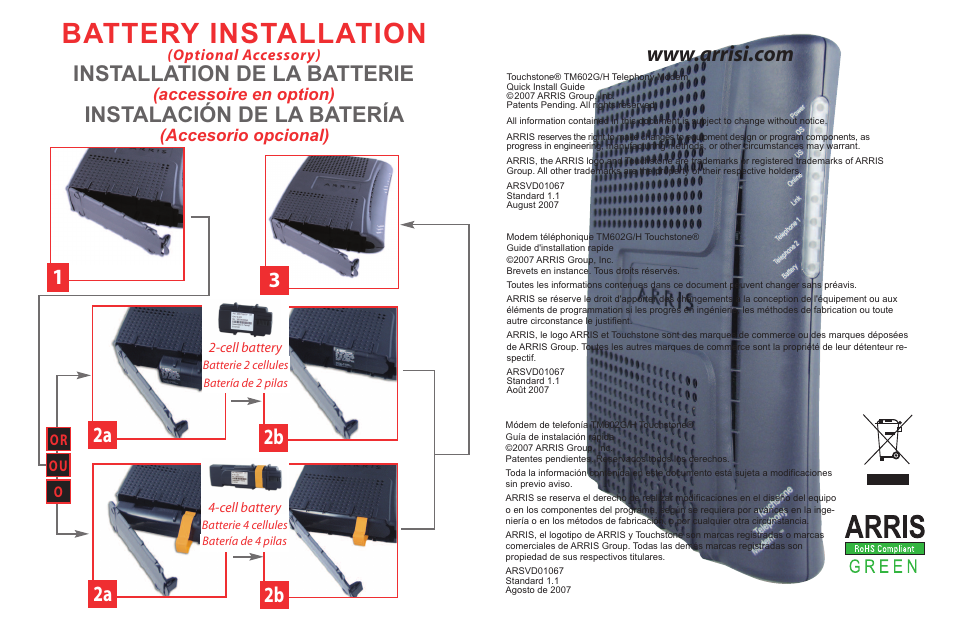 Battery installation, Installation de la batterie, Instalación de la batería | Accessoire en option), Accesorio opcional) | ARRIS TM602GH Quick Start Guide User Manual | Page 2 / 2