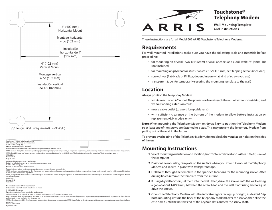 ARRIS TM602 Wallmount User Manual | 2 pages