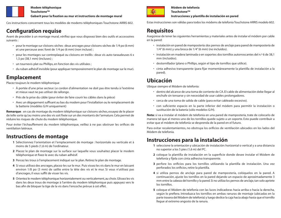 Configuration requise, Emplacement, Instructions de montage | Requisitos, Ubicación, Instrucciones para la instalación | ARRIS TM602 Wallmount User Manual | Page 2 / 2