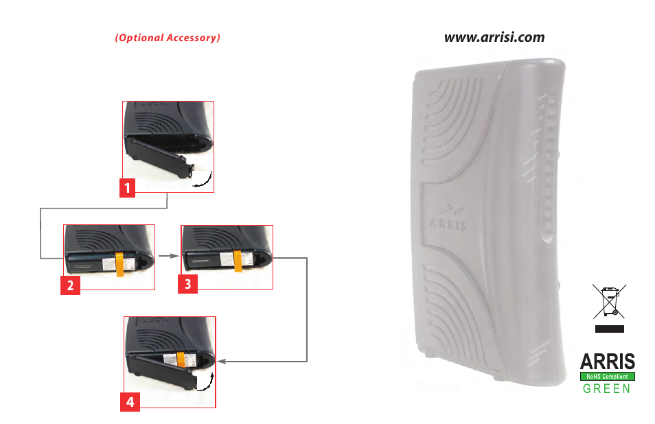 Battery installation, Installation de la batterie, Instalación de la batería | Accessoire en option), Accesorio opcional) | ARRIS TM702 Quick Start Guide User Manual | Page 2 / 2