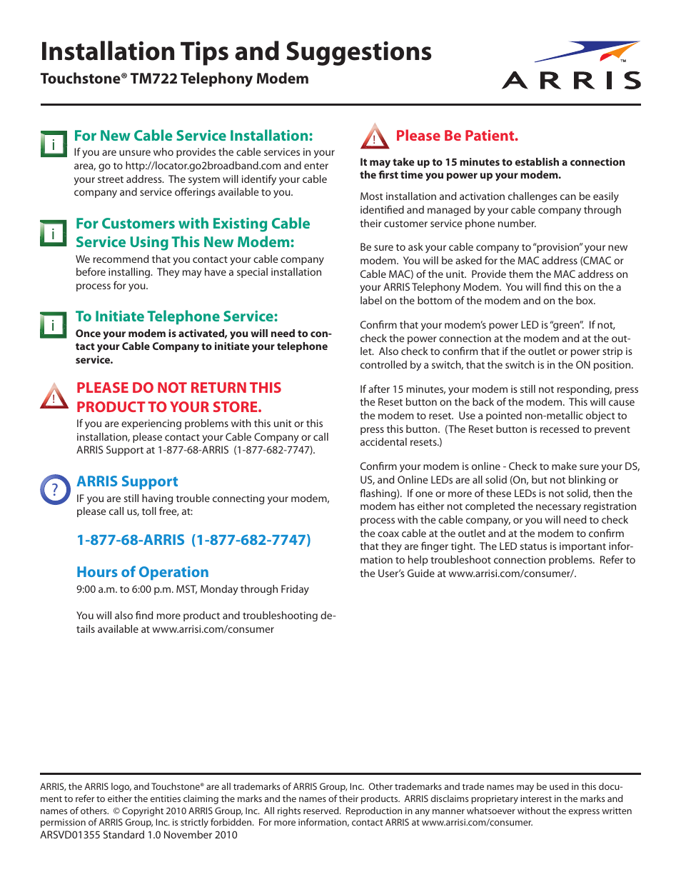 Installation tips and suggestions | ARRIS TM722G-CT Quick Start Guide User Manual | Page 2 / 2