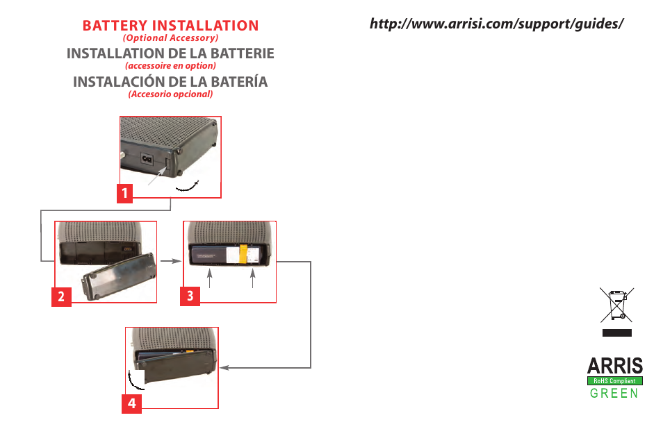 Battery installation, Installation de la batterie, Instalación de la batería | ARRIS TM722G Quick Start Guide User Manual | Page 2 / 2