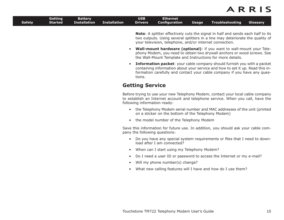 Getting service, What’s in the bo | ARRIS TM722G-CT User Guide User Manual | Page 10 / 73