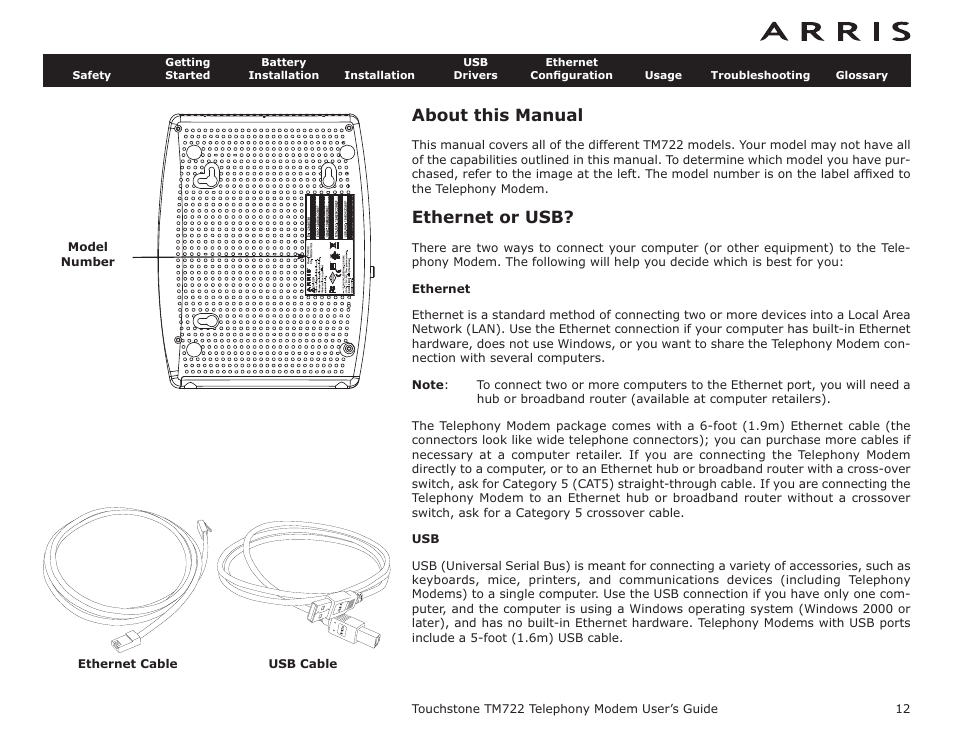 About this manual, Ethernet or usb, Ethernet | Windows, Macos, Linux/other unix, Net or usb | ARRIS TM722G-CT User Guide User Manual | Page 12 / 73