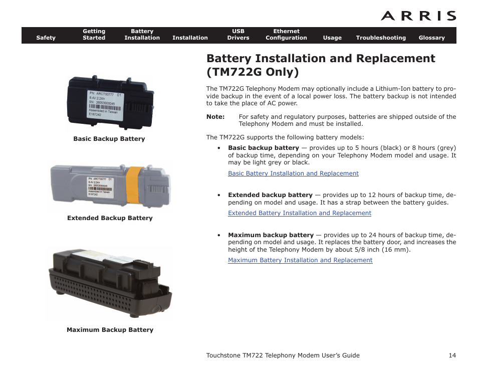 Battery installation and replacement (tm722g only), Battery, Installation | ARRIS TM722G-CT User Guide User Manual | Page 14 / 73