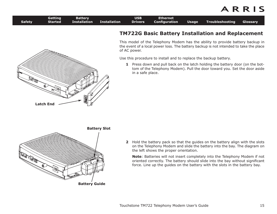 Tm722g basic battery installation and replacement, Both, Basic battery installation and replacement | ARRIS TM722G-CT User Guide User Manual | Page 15 / 73