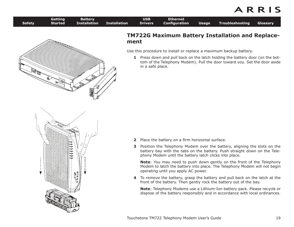 Battery installation and replacement (tm722g only), Ement, Maximum battery installation and replacement | ARRIS TM722G-CT User Guide User Manual | Page 19 / 73