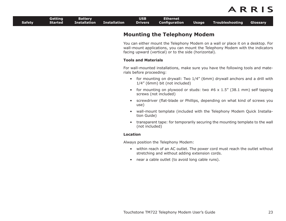 Mounting the telephony modem, Tools and materials, Location | Rear panel, Tm722a/b/s rear panel, Tm722g rear panel, E telephony modem | ARRIS TM722G-CT User Guide User Manual | Page 23 / 73