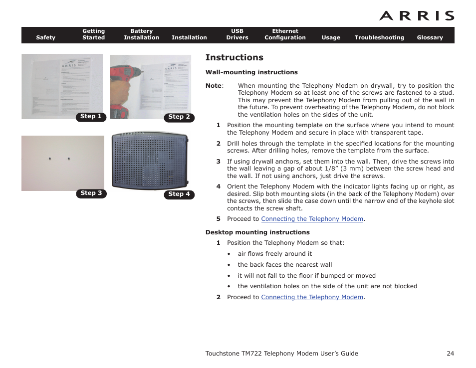 Instructions, Wall-mounting instructions, Desktop mounting instructions | Mounting th, Tools and materials, Location | ARRIS TM722G-CT User Guide User Manual | Page 24 / 73