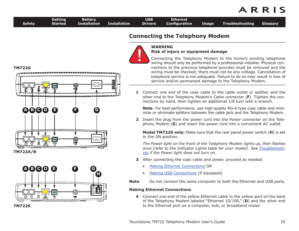 Connecting the telephony modem, Making ethernet connections, Instructions | Wall-mounting instructions, Ctions | ARRIS TM722G-CT User Guide User Manual | Page 25 / 73