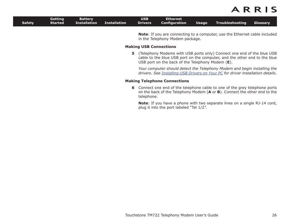 Making usb connections, Making telephone connections, Desktop mounting instru | Connecting the telephony mode | ARRIS TM722G-CT User Guide User Manual | Page 26 / 73