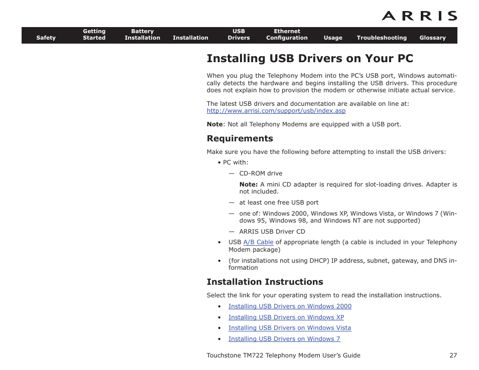 Installing usb drivers on your pc, Requirements, Installation instructions | Making ethernet connections, Making usb connections, Making telephone connections, Drivers, Ter should detect the telephony mo | ARRIS TM722G-CT User Guide User Manual | Page 27 / 73