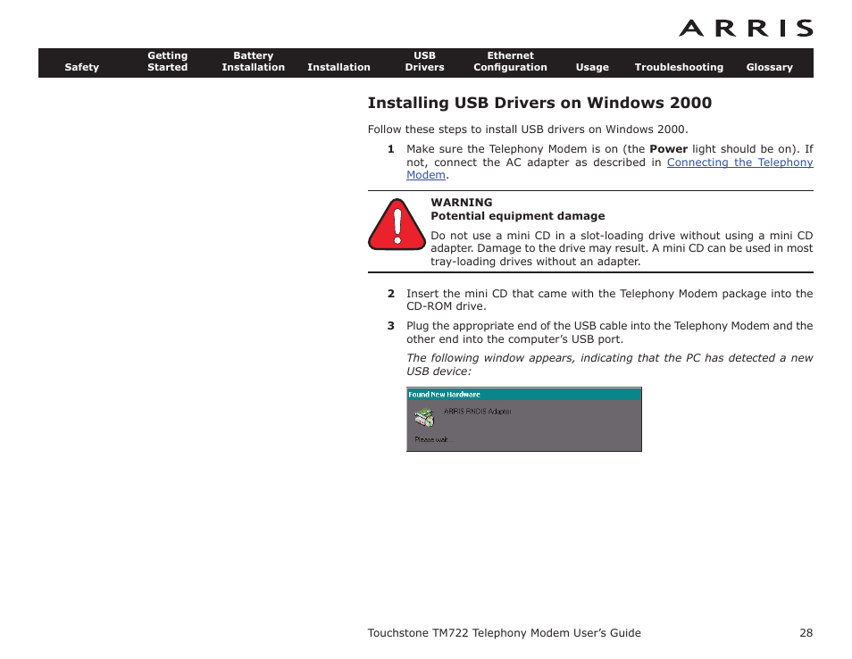 Installing usb drivers on windows 2000, Installing usb drivers on your pc | ARRIS TM722G-CT User Guide User Manual | Page 28 / 73