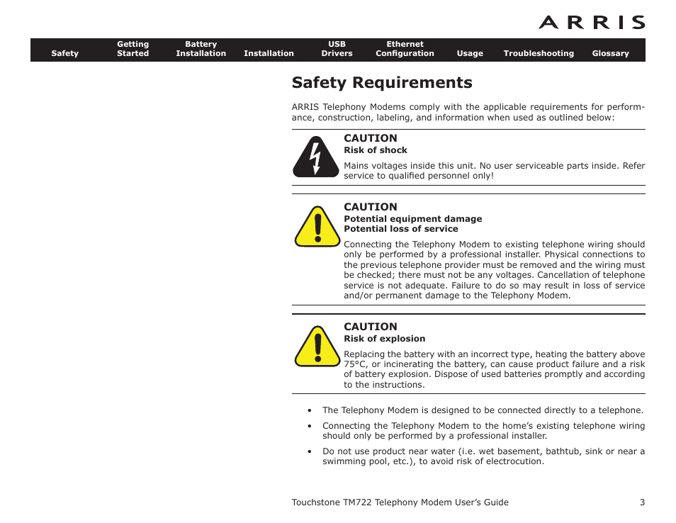 Safety requirements, Tm722 | ARRIS TM722G-CT User Guide User Manual | Page 3 / 73