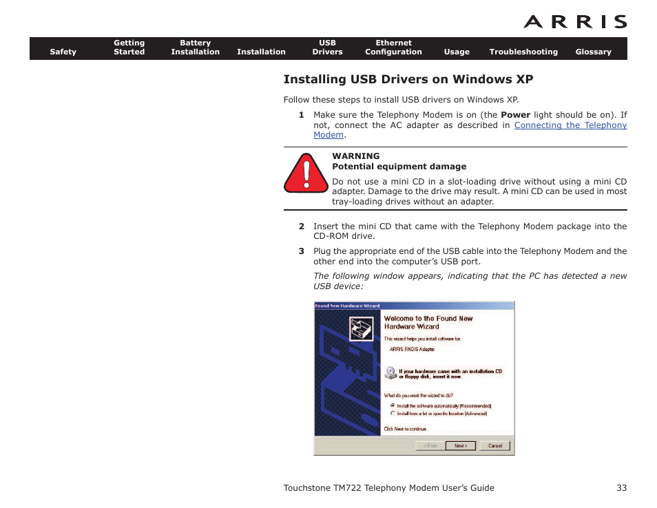 Installing usb drivers on windows xp, Requirements | ARRIS TM722G-CT User Guide User Manual | Page 33 / 73