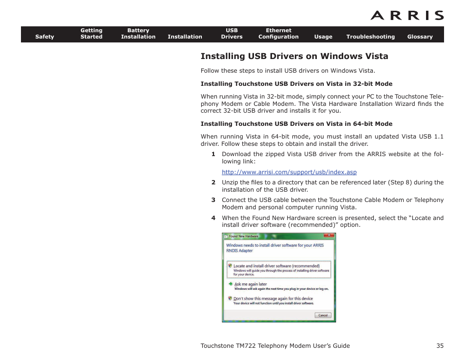 Installing usb drivers on windows vista, Installation instructions, Installing usb drivers on windows 2000 | Installing usb drivers on windows xp, Ista | ARRIS TM722G-CT User Guide User Manual | Page 35 / 73