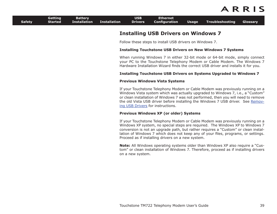 Installing usb drivers on windows 7, Installing usb drivers on windows v, N windows 7 | Indows 7 systems, S upgraded to windows 7 | ARRIS TM722G-CT User Guide User Manual | Page 39 / 73