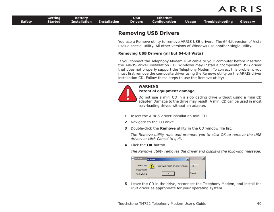 Removing usb drivers, Removing usb drivers (all but 64-bit vista), Installing usb drivers o | Installing touchstone usb drivers on new w, System, Ista), Remove, Remov, Ing usb drivers | ARRIS TM722G-CT User Guide User Manual | Page 40 / 73