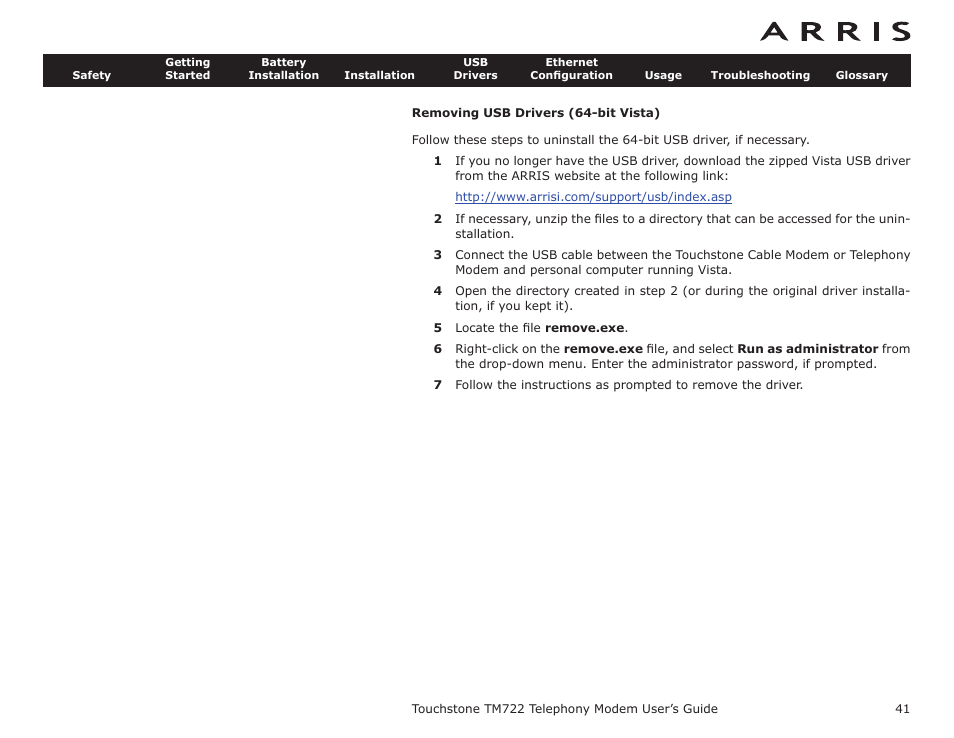 Removing usb drivers (64-bit vista), Installing touchstone usb drivers on | ARRIS TM722G-CT User Guide User Manual | Page 41 / 73