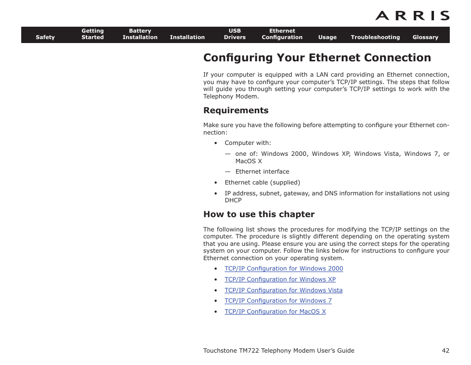 Configuring your ethernet connection, Requirements, How to use this chapter | Conﬁguring your ethernet connection, Removing usb drivers, Removing usb drivers (all but 64-bit v, Removing usb drivers (64-bit vista), Ethernet, Conﬁguration | ARRIS TM722G-CT User Guide User Manual | Page 42 / 73