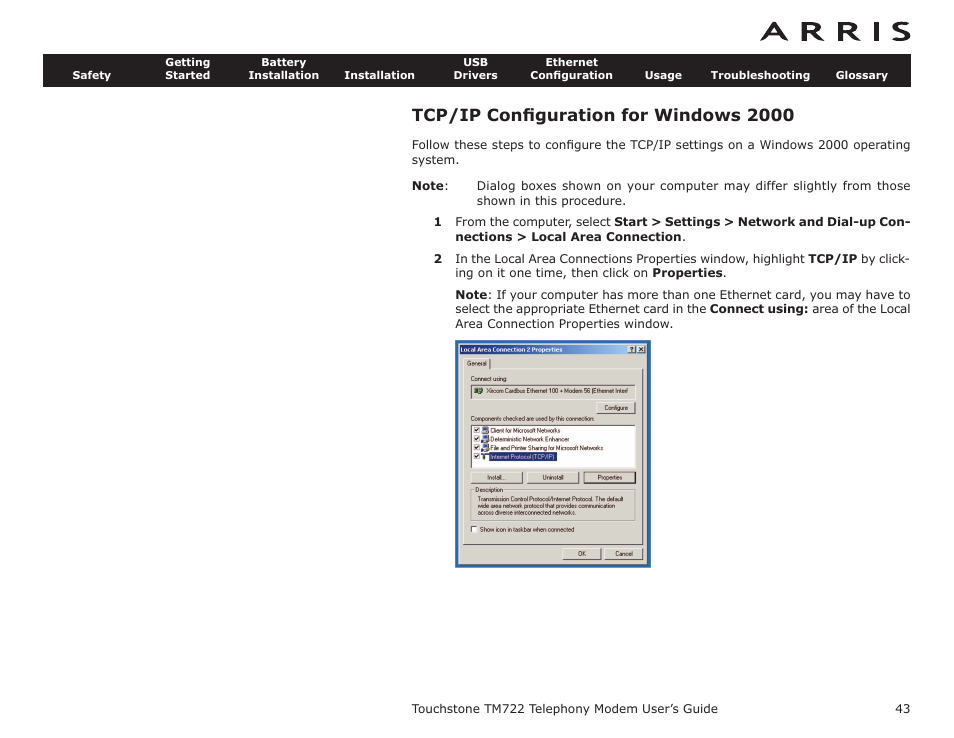 Tcp/ip configuration for windows 2000, Conﬁguring your ethernet connection, Tcp/ip conﬁguration for windows 2000 | ARRIS TM722G-CT User Guide User Manual | Page 43 / 73