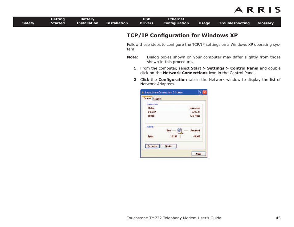 Tcp/ip configuration for windows xp, Requirements, Tcp/ip conﬁguration for windows xp | ARRIS TM722G-CT User Guide User Manual | Page 45 / 73