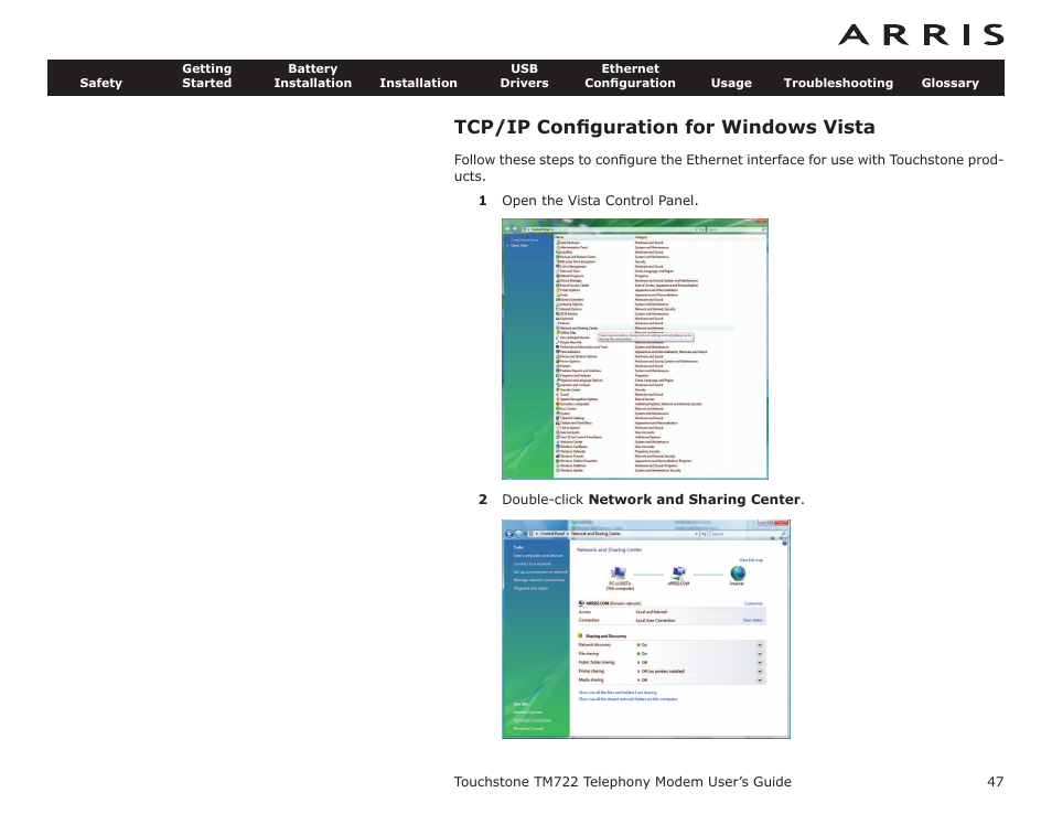 Tcp/ip configuration for windows vista, How to use this chapter, Tcp/ip conﬁguration for windows vista | ARRIS TM722G-CT User Guide User Manual | Page 47 / 73