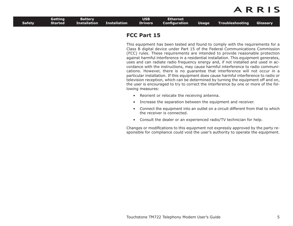 Fcc part 15, Touchstone | ARRIS TM722G-CT User Guide User Manual | Page 5 / 73