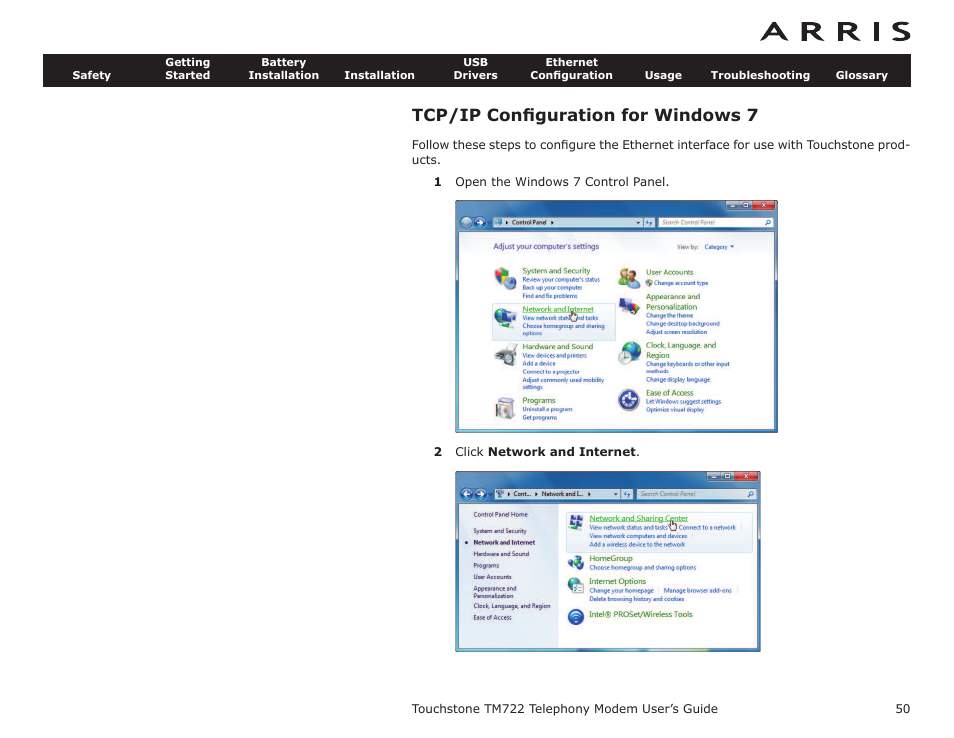 Tcp/ip configuration for windows 7, Tcp/ip conﬁguration for windows 20, Tcp/ip conﬁguration for windows 7 | ARRIS TM722G-CT User Guide User Manual | Page 50 / 73