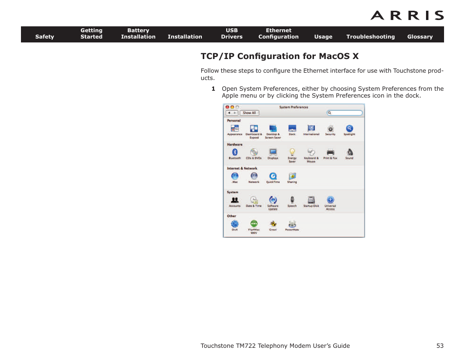 Tcp/ip configuration for macos x, Tcp/ip conﬁguration for windows, Dows | Tcp/ip conﬁguration for macos x | ARRIS TM722G-CT User Guide User Manual | Page 53 / 73