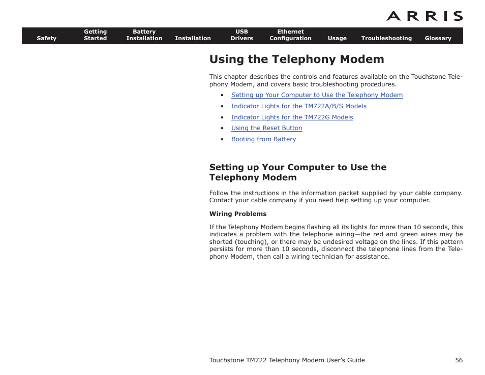 Using the telephony modem, Wiring problems, Tcp/ip conﬁguration for win | Tcp/ip conﬁguration for windows 7, Tcp/ip conﬁguration for macos x, Ony modem, Usage | ARRIS TM722G-CT User Guide User Manual | Page 56 / 73