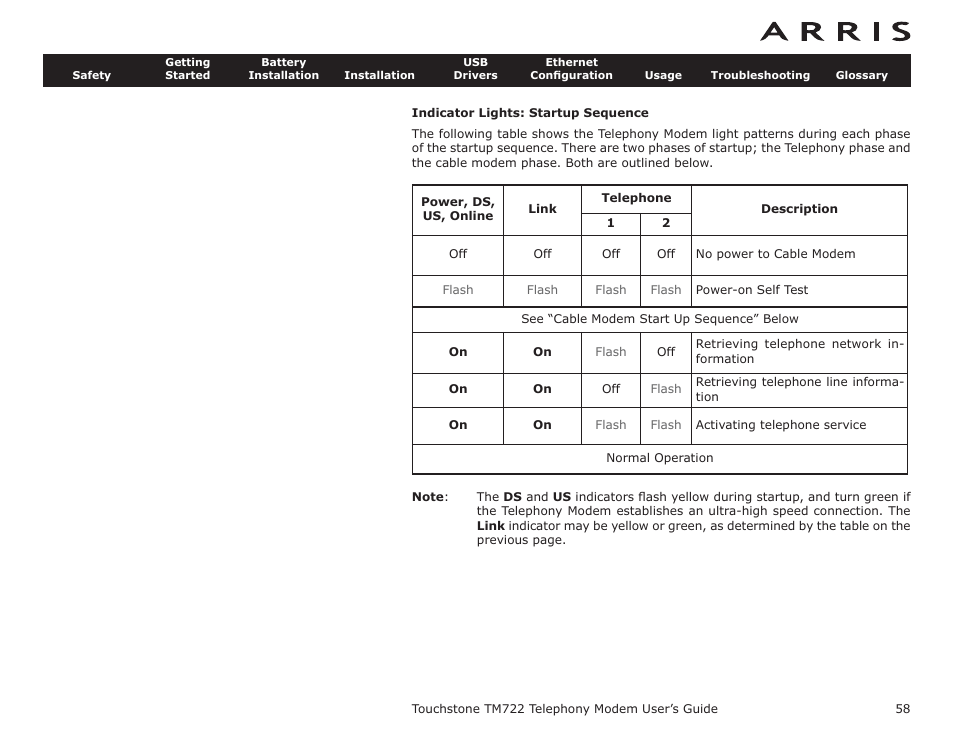 Indicator lights: startup sequence, Wiring problems | ARRIS TM722G-CT User Guide User Manual | Page 58 / 73