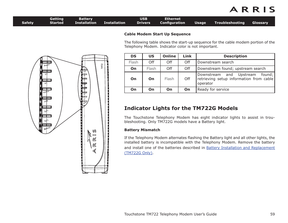 Cable modem start up sequence, Indicator lights for the tm722g models, Battery mismatch | Indicator lights for the tm722a/b, Indicator lights: normal operation, Indicator lights: startup sequence, Dels | ARRIS TM722G-CT User Guide User Manual | Page 59 / 73