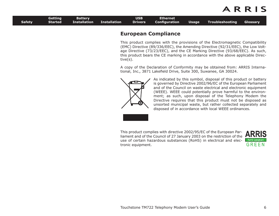 European compliance, Export regulations | ARRIS TM722G-CT User Guide User Manual | Page 6 / 73